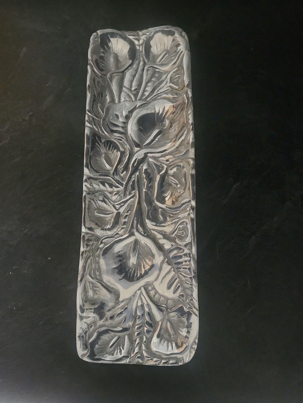Embossed Calla LilyPattern Rectangular Metal Tray - Silver Tone 17.5" X 5.5"